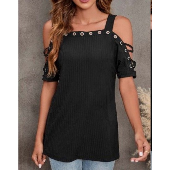 Women's Eyelet Detail Short Sleeve Ribbed Camisole Blouse, 8204 Women's Eyelet Detail Short Sleeve Ribbed Camisole Blouse, 8204