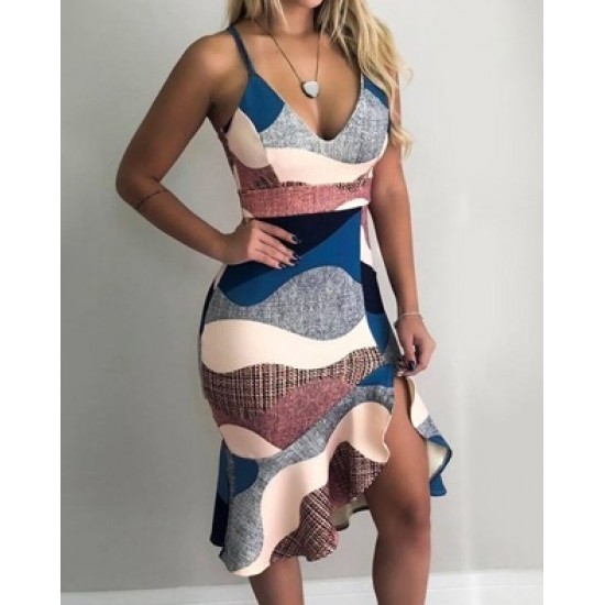Women's V-neck Strapped Skirt With Ruffled Slit Detail Patterned Diving Dress, 8194