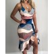 Women's V-neck Strapped Skirt With Ruffled Slit Detail Patterned Diving Dress, 8194 Women's V-neck Strapped Skirt With Ruffled Slit Detail Patterned Diving Dress, 8194