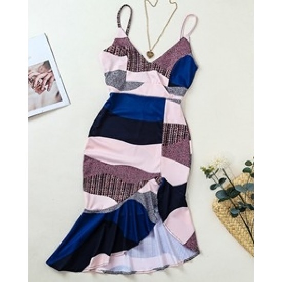 Women's V-neck Strapped Skirt With Ruffled Slit Detail Patterned Diving Dress, 8194 Women's V-neck Strapped Skirt With Ruffled Slit Detail Patterned Diving Dress, 8194