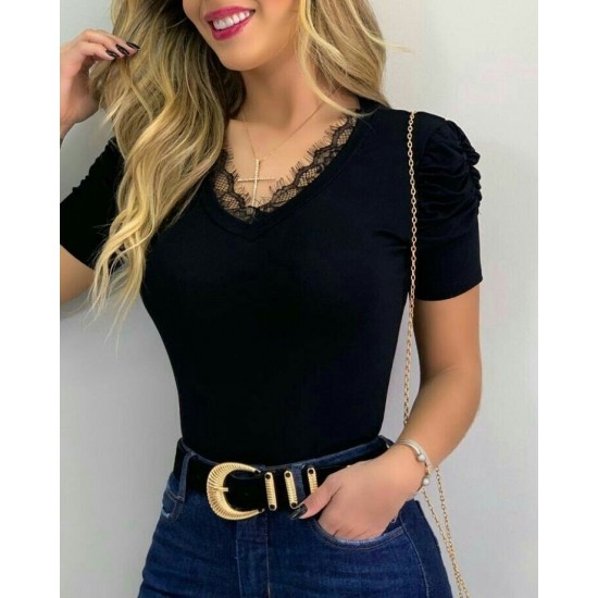Women's Short Sleeves Sleeves Shirred Lace V-neck Camisole Blouse, 8093 Women's Short Sleeves Sleeves Shirred Lace V-neck Camisole Blouse, 8093