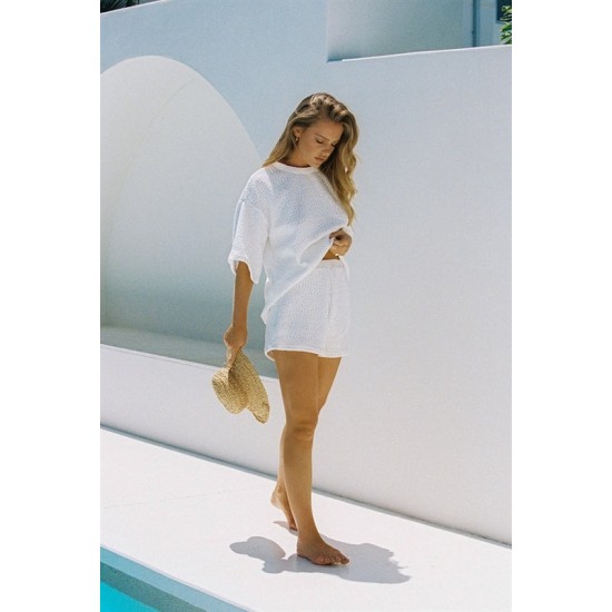 Women's White Gippled Supreme T-shirt And Lined Shorts Suit, 8091 Women's White Gippled Supreme T-shirt And Lined Shorts Suit, 8091