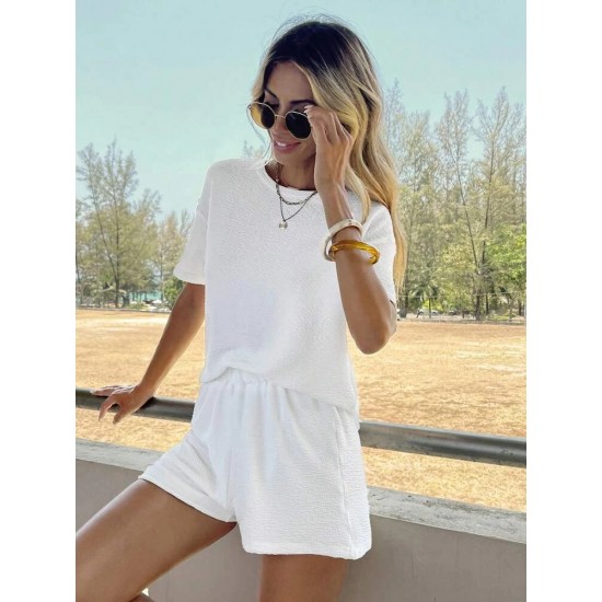 Women's White Gippled Supreme T-shirt And Lined Shorts Suit, 8091 Women's White Gippled Supreme T-shirt And Lined Shorts Suit, 8091