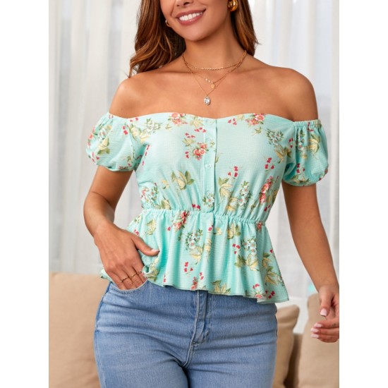 Women's Short Sleeve Madonna Collar Floral Patterned Button Detail Gippled Single Jersey Blouse, 8047 Women's Short Sleeve Madonna Collar Floral Patterned Button Detail Gippled Single Jersey Blouse, 8047