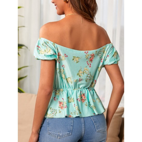 Women's Short Sleeve Madonna Collar Floral Patterned Button Detail Gippled Single Jersey Blouse, 8047 Women's Short Sleeve Madonna Collar Floral Patterned Button Detail Gippled Single Jersey Blouse, 8047
