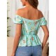 Women's Short Sleeve Madonna Collar Floral Patterned Button Detail Gippled Single Jersey Blouse, 8047 Women's Short Sleeve Madonna Collar Floral Patterned Button Detail Gippled Single Jersey Blouse, 8047