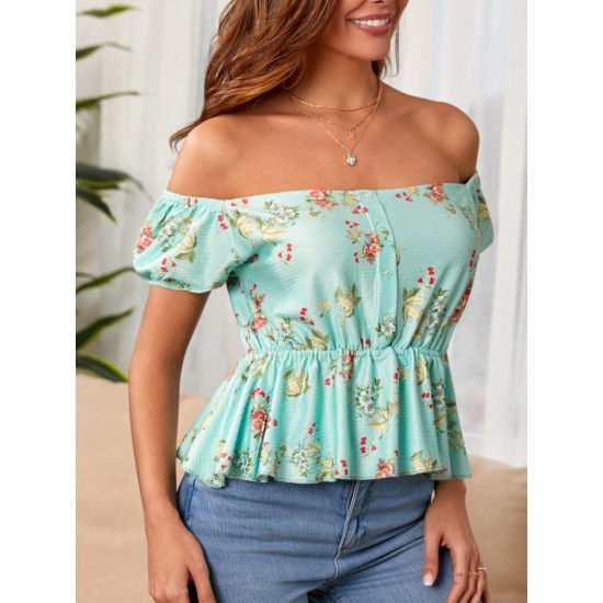 Women's Short Sleeve Madonna Collar Floral Patterned Button Detail Gippled Single Jersey Blouse, 8047 Women's Short Sleeve Madonna Collar Floral Patterned Button Detail Gippled Single Jersey Blouse, 8047