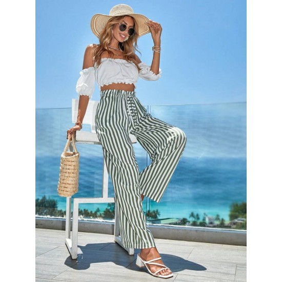 Women's Striped Woven Viscose Trousers With Elastic Waist, 8025
