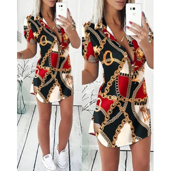 Women's Short Sleeve Polo Collar Chain-printed Button Down Diving Dress, 7803 Women's Short Sleeve Polo Collar Chain-printed Button Down Diving Dress, 7803