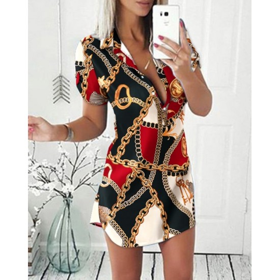 Women's Short Sleeve Polo Collar Chain-printed Button Down Diving Dress, 7803 Women's Short Sleeve Polo Collar Chain-printed Button Down Diving Dress, 7803