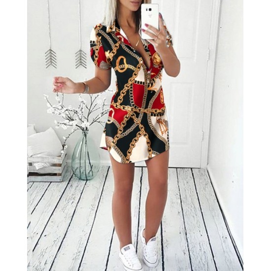 Women's Short Sleeve Polo Collar Chain-printed Button Down Diving Dress, 7803 Women's Short Sleeve Polo Collar Chain-printed Button Down Diving Dress, 7803