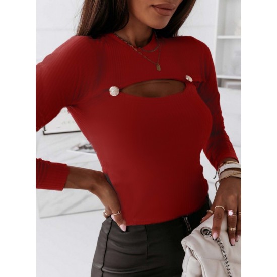 Women's Red Long Sleeve Low-cut Button Detail Camisole Blouse, 5870