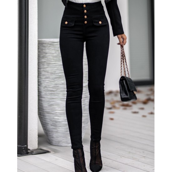 Women's High Waist Button Pocket Detail Jeans, 7847 Women's High Waist Button Pocket Detail Jeans, 7847
