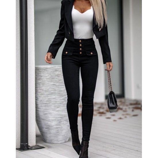 Women's High Waist Button Pocket Detail Jeans, 7847 Women's High Waist Button Pocket Detail Jeans, 7847