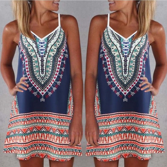 Women's V-neck Strap Ethnic Pattern Micro Dress, 8342 Women's V-neck Strap Ethnic Pattern Micro Dress, 8342