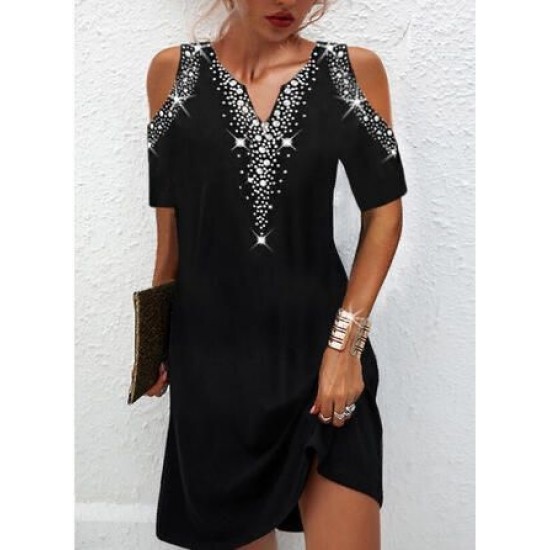 Women's Black Shoulder Decollete Stone Embroidered Sandy Fabric Dress, 4836 Women's Black Shoulder Decollete Stone Embroidered Sandy Fabric Dress, 4836