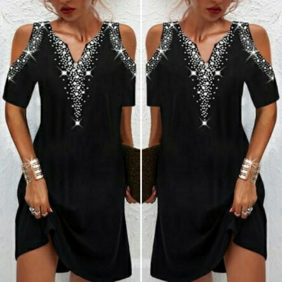 Women's Black Shoulder Decollete Stone Embroidered Sandy Fabric Dress, 4836 Women's Black Shoulder Decollete Stone Embroidered Sandy Fabric Dress, 4836