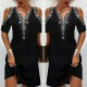 Women's Black Shoulder Decollete Stone Embroidered Sandy Fabric Dress, 4836 Women's Black Shoulder Decollete Stone Embroidered Sandy Fabric Dress, 4836