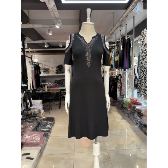 Women's Black Shoulder Decollete Stone Embroidered Sandy Fabric Dress, 4836 Women's Black Shoulder Decollete Stone Embroidered Sandy Fabric Dress, 4836