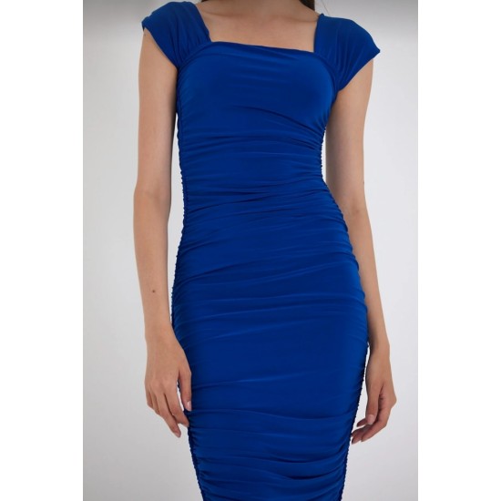 Women's Sax Blue Thick Arm Straps Side Pleated Sandy Fabric 7413, 4638 Women's Sax Blue Thick Arm Straps Side Pleated Sandy Fabric 7413, 4638