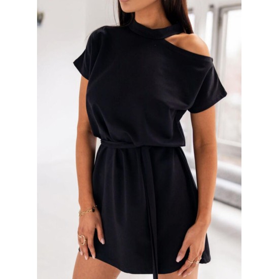 One Shoulder Low-cut Belted Viscose Fabric Mini Dress, 4439 One Shoulder Low-cut Belted Viscose Fabric Mini Dress, 4439