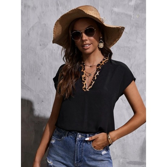 Women's Short Sleeve Leopard Striped V-neck Crepe Blouse, 8826 Women's Short Sleeve Leopard Striped V-neck Crepe Blouse, 8826