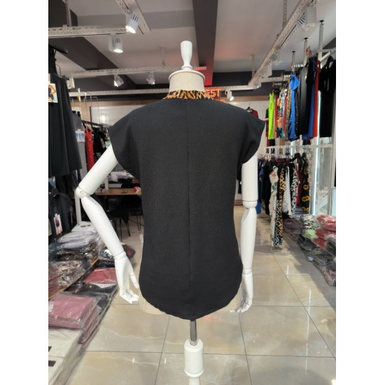 Women's Short Sleeve Leopard Striped V-neck Crepe Blouse, 8826 Women's Short Sleeve Leopard Striped V-neck Crepe Blouse, 8826