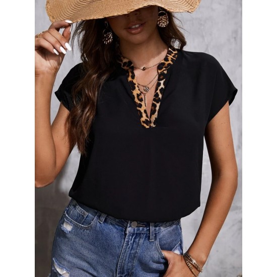 Women's Short Sleeve Leopard Striped V-neck Crepe Blouse, 8826 Women's Short Sleeve Leopard Striped V-neck Crepe Blouse, 8826