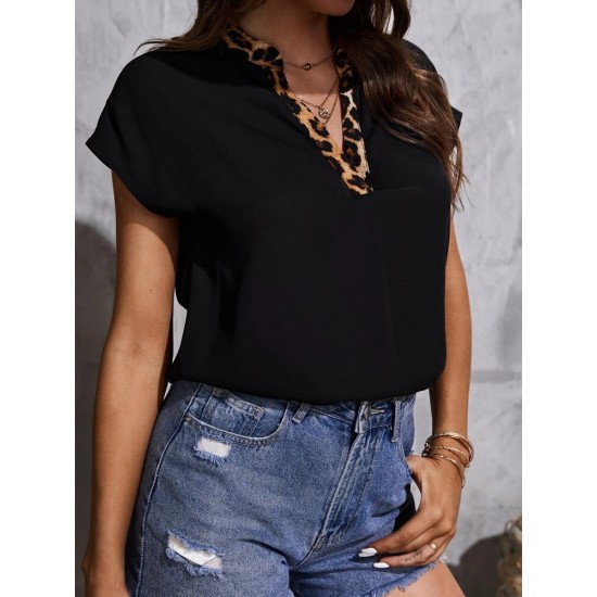 Women's Short Sleeve Leopard Striped V-neck Crepe Blouse, 8826 Women's Short Sleeve Leopard Striped V-neck Crepe Blouse, 8826