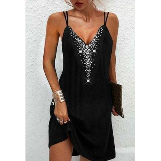 Women's Strappy V-neck Stone Embroidered Viscose Dress, 8233 Women's Strappy V-neck Stone Embroidered Viscose Dress, 8233