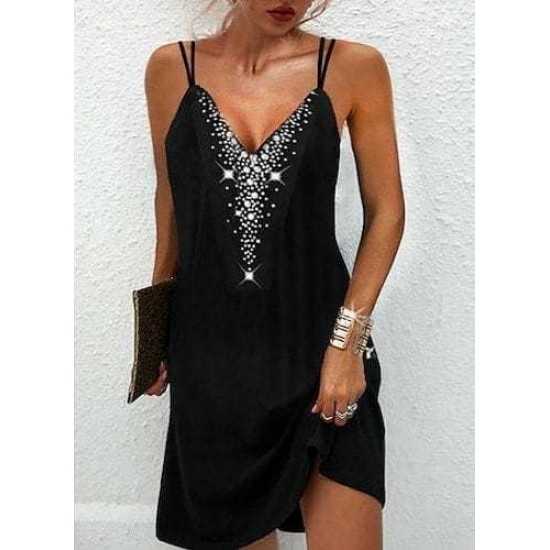 Women's Strappy V-neck Stone Embroidered Viscose Dress, 8233 Women's Strappy V-neck Stone Embroidered Viscose Dress, 8233