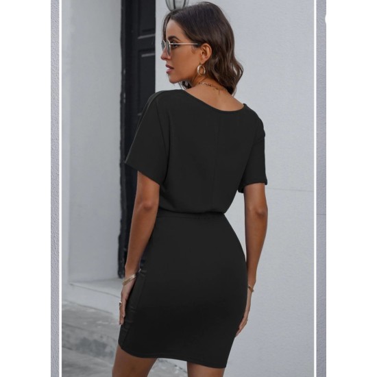 Women's Bateau Neckline Short Sleeve Bat Sleeve Waist Belted Viscose Dress, 7929 Women's Bateau Neckline Short Sleeve Bat Sleeve Waist Belted Viscose Dress, 7929