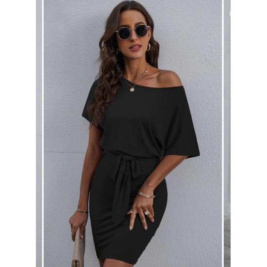 Women's Bateau Neckline Short Sleeve Bat Sleeve Waist Belted Viscose Dress, 7929 Women's Bateau Neckline Short Sleeve Bat Sleeve Waist Belted Viscose Dress, 7929