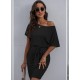 Women's Bateau Neckline Short Sleeve Bat Sleeve Waist Belted Viscose Dress, 7929 Women's Bateau Neckline Short Sleeve Bat Sleeve Waist Belted Viscose Dress, 7929
