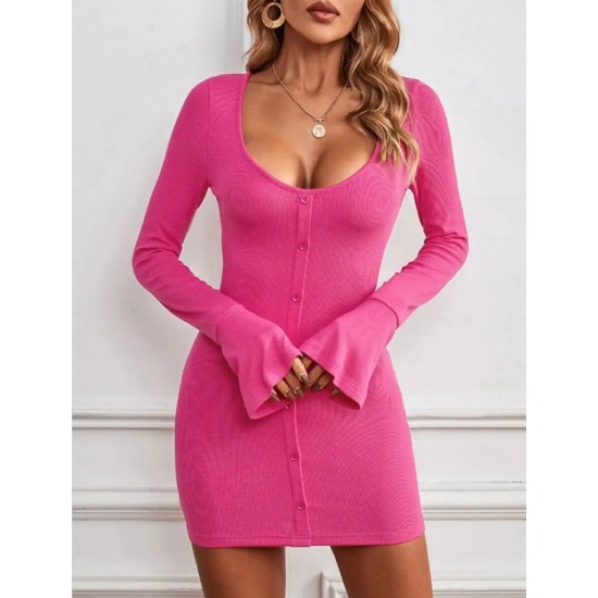 Women' S Long Sleeve Front Button Detail Ruffled Sleeve Hem Camisole Dress, 12677 Women' S Long Sleeve Front Button Detail Ruffled Sleeve Hem Camisole Dress, 12677