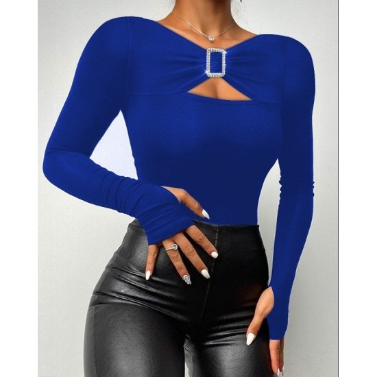 Women' S Long Sleeve Chest Cleavage Accessory Detailed Viscose Blouse, 12603 Women' S Long Sleeve Chest Cleavage Accessory Detailed Viscose Blouse, 12603