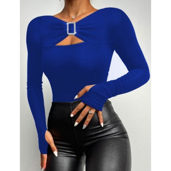 Women' S Long Sleeve Chest Cleavage Accessory Detailed Viscose Blouse, 12603 Women' S Long Sleeve Chest Cleavage Accessory Detailed Viscose Blouse, 12603