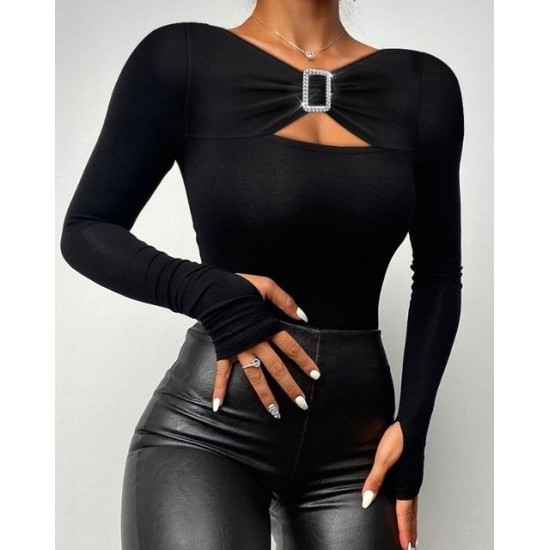 Women' S Long Sleeve Chest Cleavage Accessory Detailed Viscose Blouse, 12602 Women' S Long Sleeve Chest Cleavage Accessory Detailed Viscose Blouse, 12602