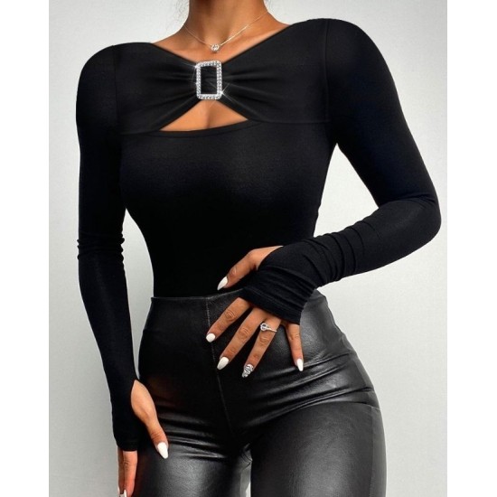 Women' S Long Sleeve Chest Cleavage Accessory Detailed Viscose Blouse, 12602 Women' S Long Sleeve Chest Cleavage Accessory Detailed Viscose Blouse, 12602