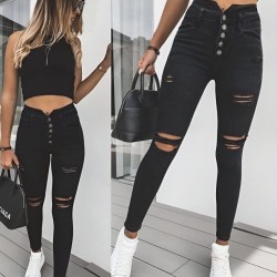 Kadın 5 Düğmeli V Detay Bel Yırtık Kot Pantolon, 12574