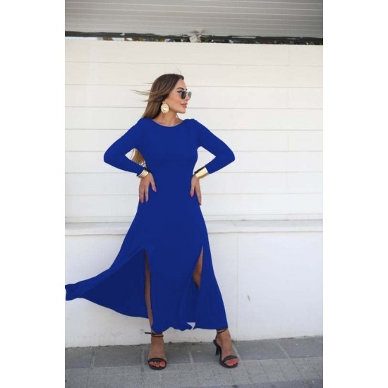 Women' S Long Sleeve Light Bateau Neck Backless Slit Detailed Viscose Full Length Dress, 12386 Women' S Long Sleeve Light Bateau Neck Backless Slit Detailed Viscose Full Length Dress, 12386