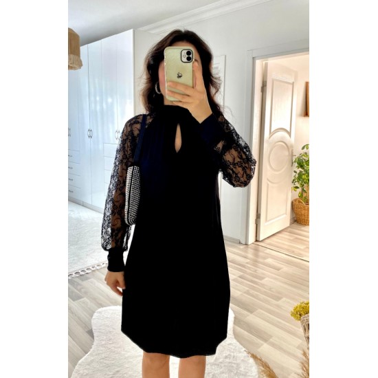 Kadın Uzun Kollu Tül Detay Sandy Mini Boy Elbise, 12099 Kadın Uzun Kollu Tül Detay Sandy Mini Boy Elbise, 12099
