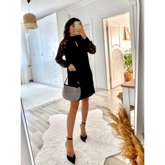 Kadın Uzun Kollu Tül Detay Sandy Mini Boy Elbise, 12099 Kadın Uzun Kollu Tül Detay Sandy Mini Boy Elbise, 12099