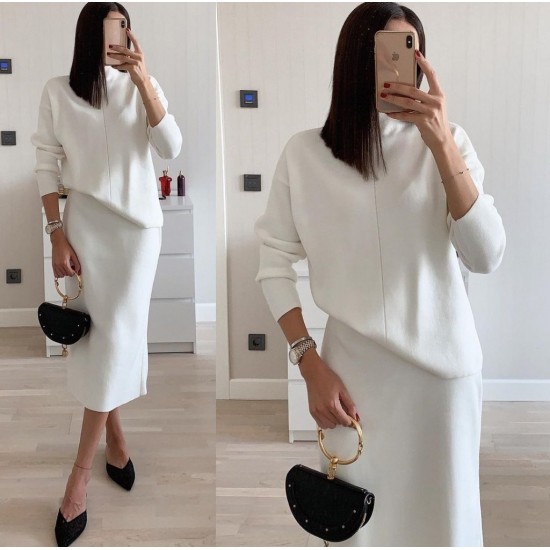 Women' S Long Sleeve Turtleneck Sweater And Side Slit Skirt Acrylic Two-piece Set, 12049 Women' S Long Sleeve Turtleneck Sweater And Side Slit Skirt Acrylic Two-piece Set, 12049