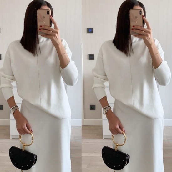Women' S Long Sleeve Turtleneck Sweater And Side Slit Skirt Acrylic Two-piece Set, 12049 Women' S Long Sleeve Turtleneck Sweater And Side Slit Skirt Acrylic Two-piece Set, 12049