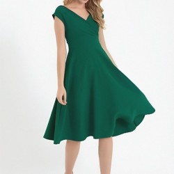 Kadın Kısa Kollu Kruvaze Yaka Eteği Volanlı Krep Elbise, 11878