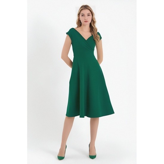 Kadın Kısa Kollu Kruvaze Yaka Eteği Volanlı Krep Elbise, 11878