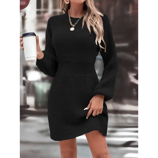 Women' S Long Sleeve Crew Neck Balloon Sleeve Waist Elastic Detail Knitwear Mini Length Dress, 11577 Women' S Long Sleeve Crew Neck Balloon Sleeve Waist Elastic Detail Knitwear Mini Length Dress, 11577