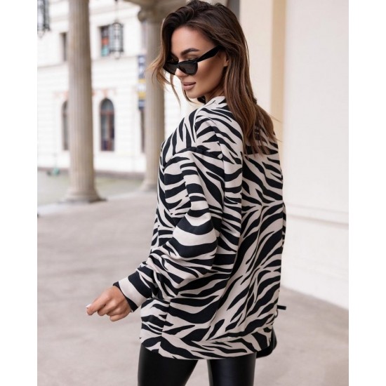 Kadın Uzun Kollu Zebra Desen Süet Krep Oversize Bluz, 11538