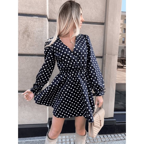 Women' S Long Sleeve Double Breasted Polka Dot Pattern Crepe Mini Dress, 11356 Women' S Long Sleeve Double Breasted Polka Dot Pattern Crepe Mini Dress, 11356